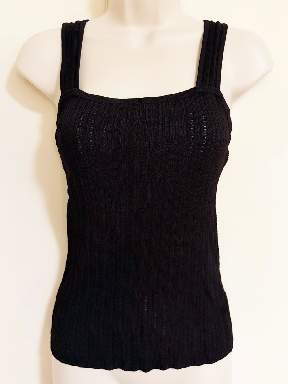 Knit Pointelle Square-neck Tank Top in Black size XS